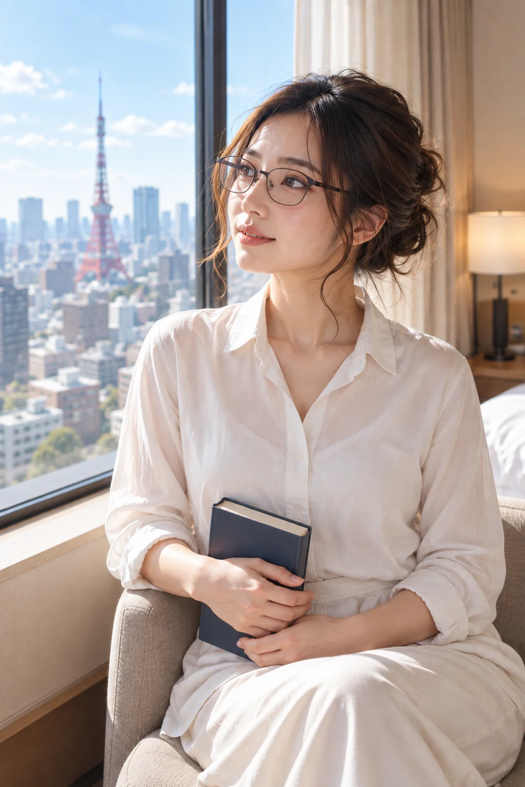 Fictional adult character concept beside a sunny studio window